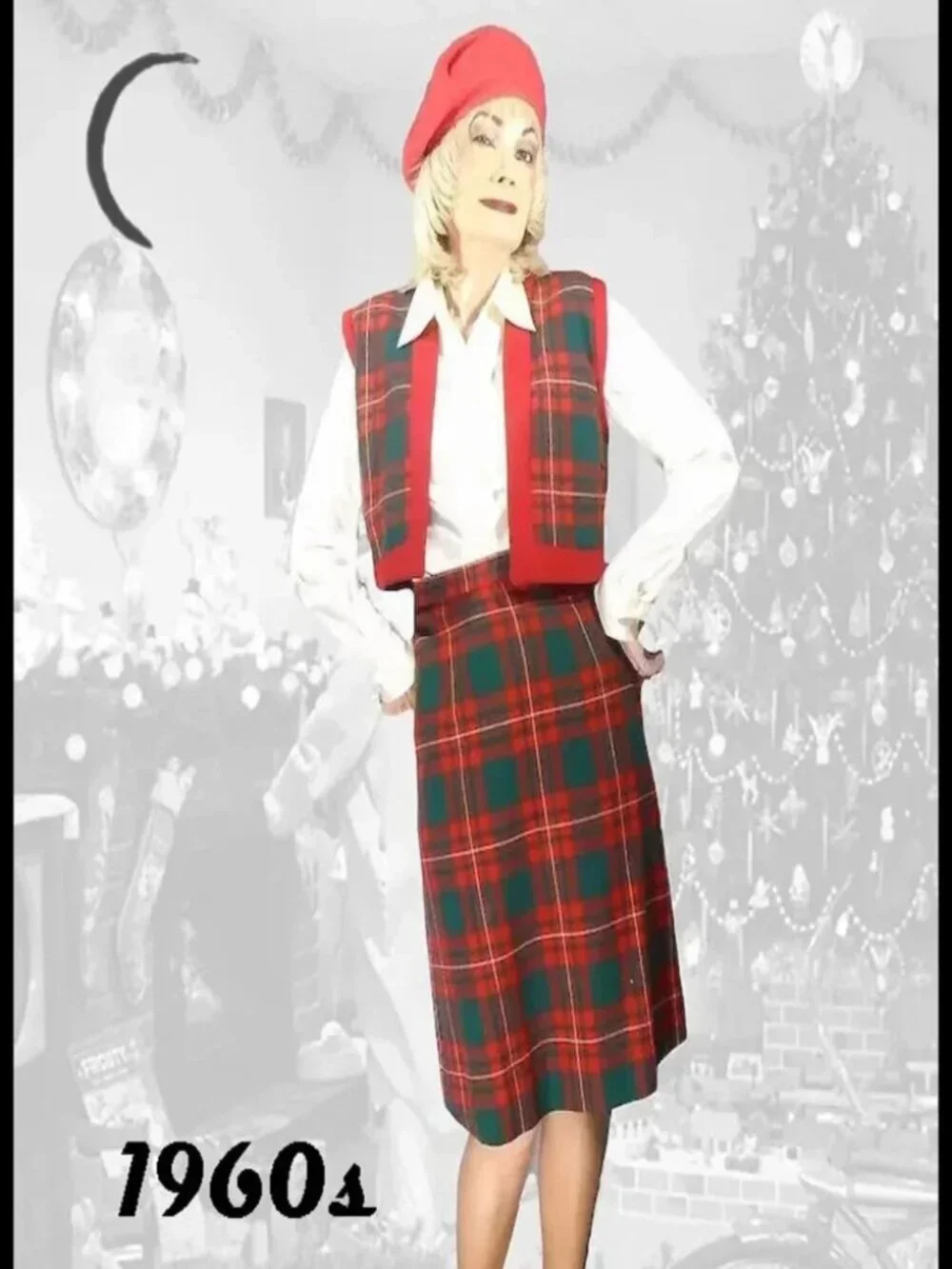 Red Tartan Pencil Skirt & Vest Fall Winter Outfit Plaid Vintage Academia